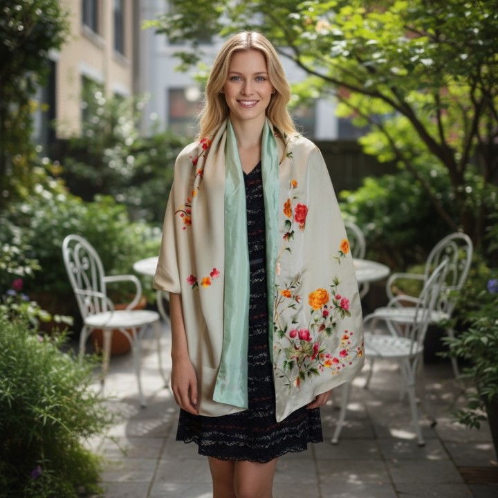 Silk scarf hand-embroidered with "Bamboo and plum/apricot blossom" 40*200 cm